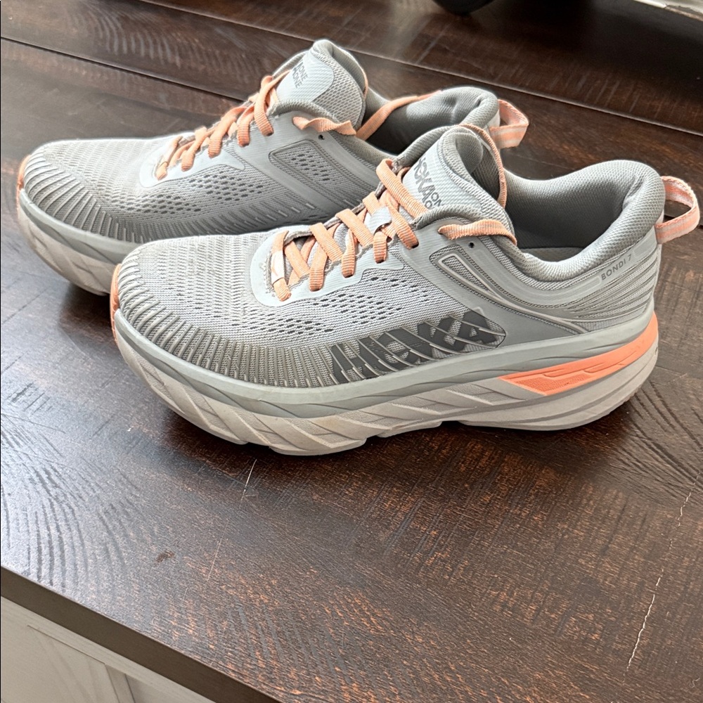 Hoka Light Gray and Coral Athletic Shoes